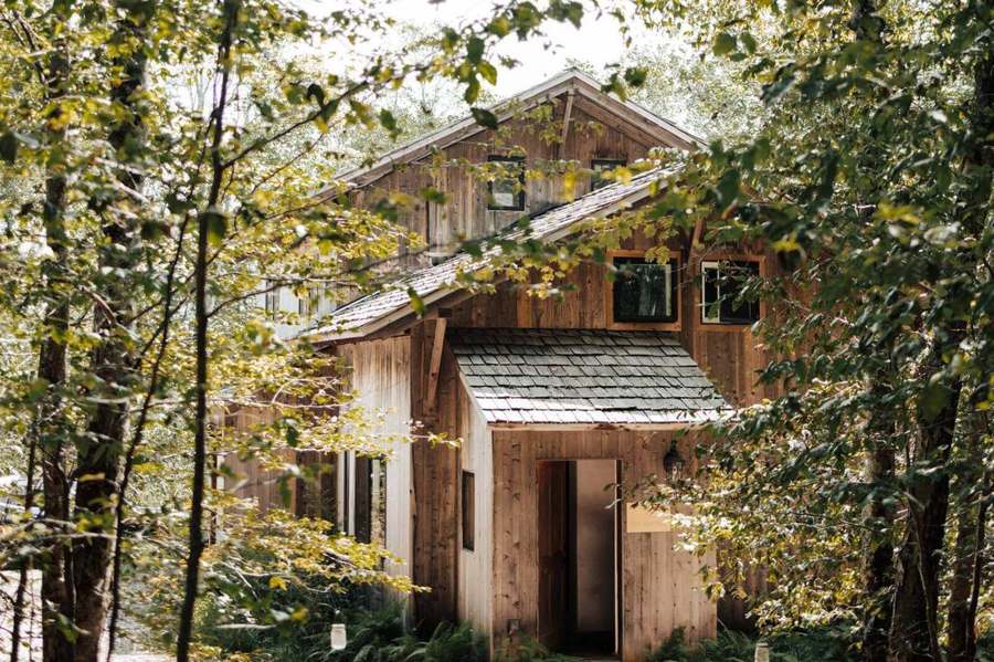 The lodge through the trees