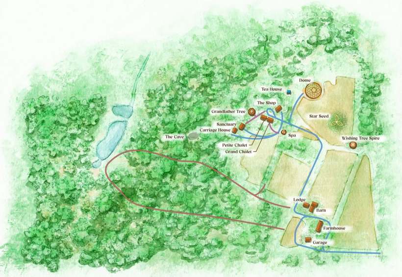 Hand-drawn map of the retreat property